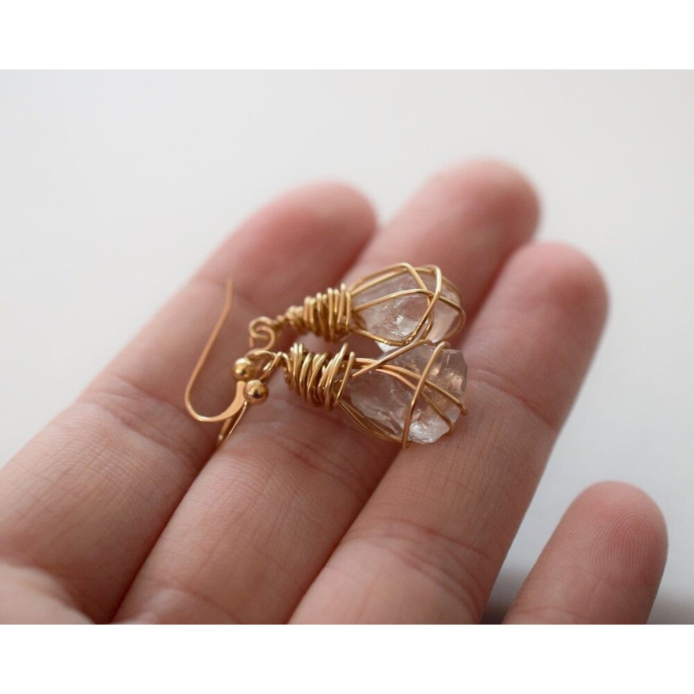 Dangle Earrings, Large Raw Diamonds, Gold Wire Wrapped Earrings, Rough Diamond E